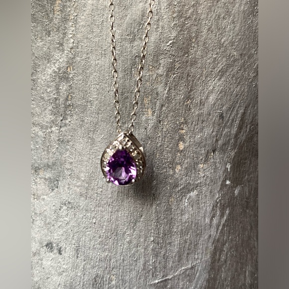 Sterling Silver Faceted Teardrop Amethyst Crystal Woman’s Necklace Purple Pisces - Picture 5 of 10